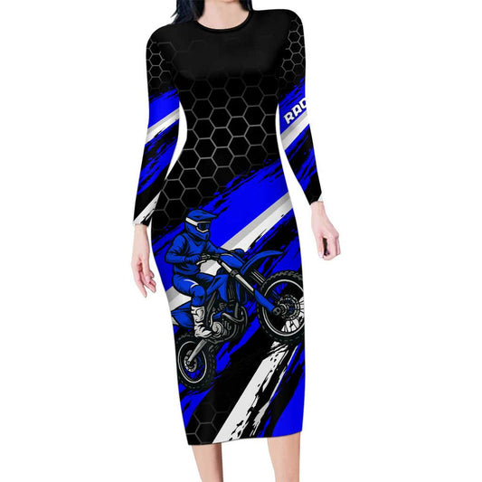 Custom Blue Motocross With Dirt Bike Rider Graphic Design On Honeycomb Pattern Long Sleeve Bodycon Dress
