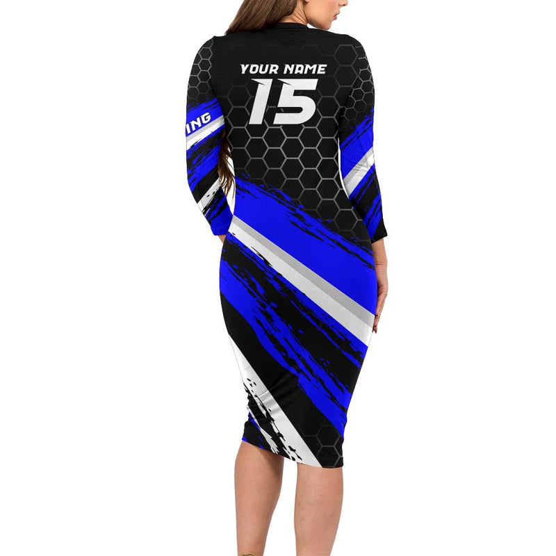 Custom Blue Motocross With Dirt Bike Rider Graphic Design On Honeycomb Pattern Long Sleeve Bodycon Dress