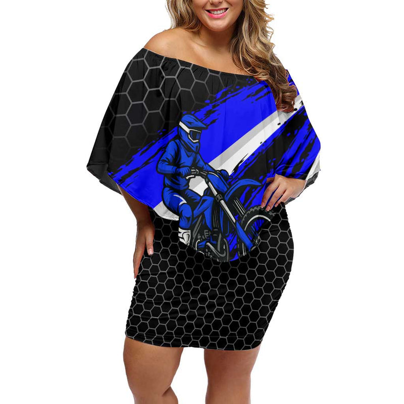 Custom Blue Motocross With Dirt Bike Rider Graphic Design On Honeycomb Pattern Off Shoulder Short Dress