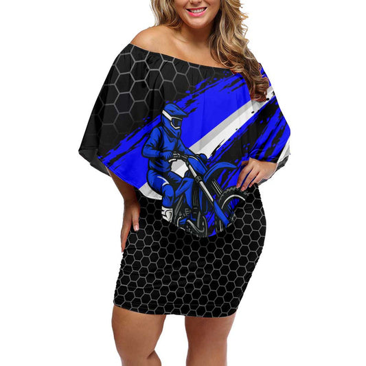Custom Blue Motocross With Dirt Bike Rider Graphic Design On Honeycomb Pattern Off Shoulder Short Dress