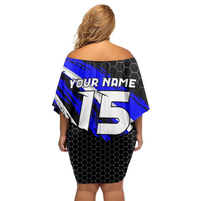 Custom Blue Motocross With Dirt Bike Rider Graphic Design On Honeycomb Pattern Off Shoulder Short Dress