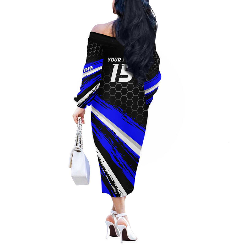 Custom Blue Motocross With Dirt Bike Rider Graphic Design On Honeycomb Pattern Off The Shoulder Long Sleeve Dress