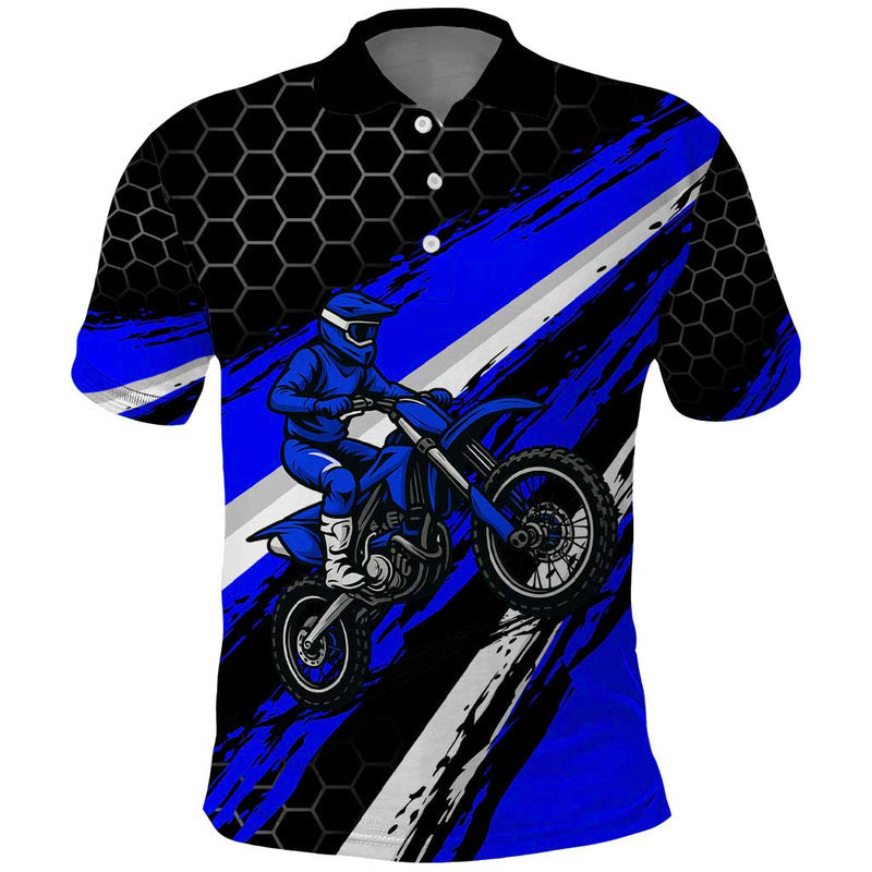 Custom Blue Motocross with Dirt Bike Rider Graphic Design on Honeycomb Pattern Polo Shirt