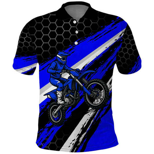 Custom Blue Motocross with Dirt Bike Rider Graphic Design on Honeycomb Pattern Polo Shirt