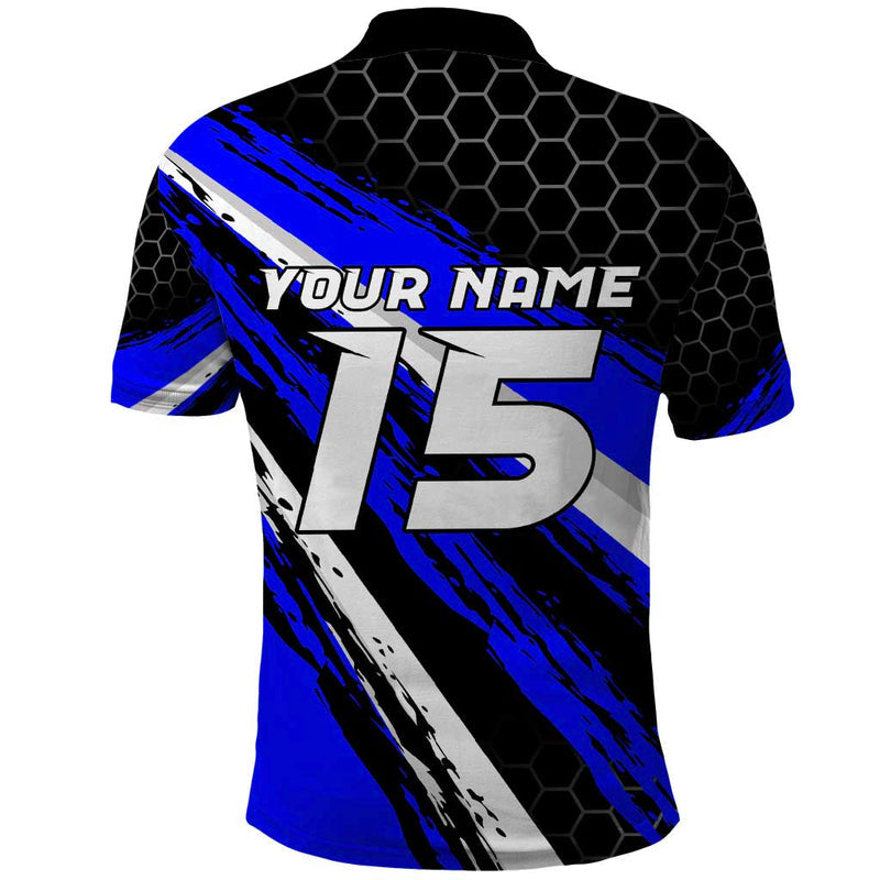 Custom Blue Motocross with Dirt Bike Rider Graphic Design on Honeycomb Pattern Polo Shirt