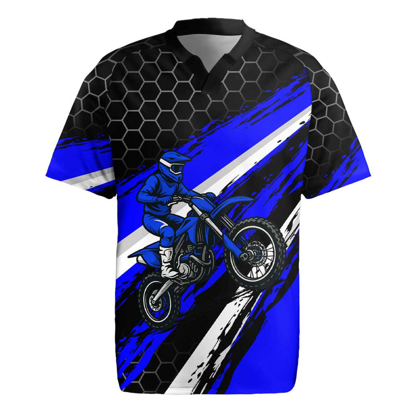 Custom Blue Motocross With Dirt Bike Rider Graphic Design On Honeycomb Pattern Rugby Jersey