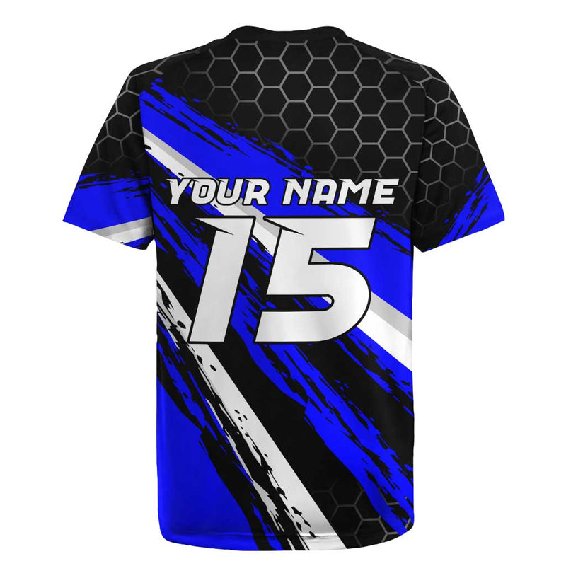 Custom Blue Motocross With Dirt Bike Rider Graphic Design On Honeycomb Pattern Rugby Jersey