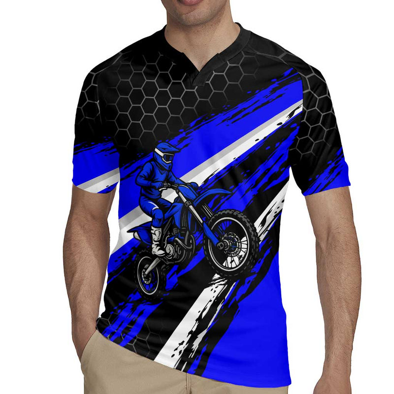 Custom Blue Motocross With Dirt Bike Rider Graphic Design On Honeycomb Pattern Rugby Jersey