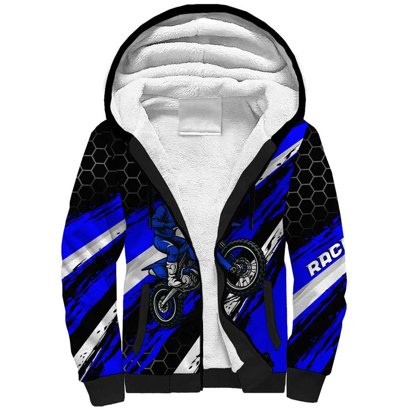 Custom Blue Motocross with Dirt Bike Rider Graphic Design on Honeycomb Pattern Sherpa Hoodie