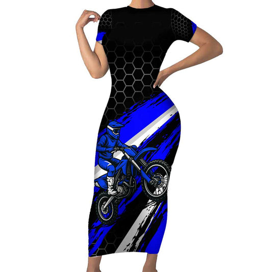Custom Blue Motocross With Dirt Bike Rider Graphic Design On Honeycomb Pattern Short Sleeve Bodycon Dress