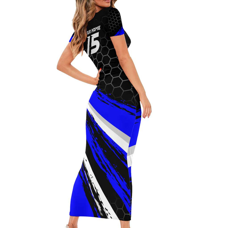 Custom Blue Motocross With Dirt Bike Rider Graphic Design On Honeycomb Pattern Short Sleeve Bodycon Dress
