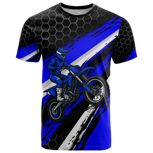 Custom Blue Motocross with Dirt Bike Rider Graphic Design on Honeycomb Pattern T Shirt