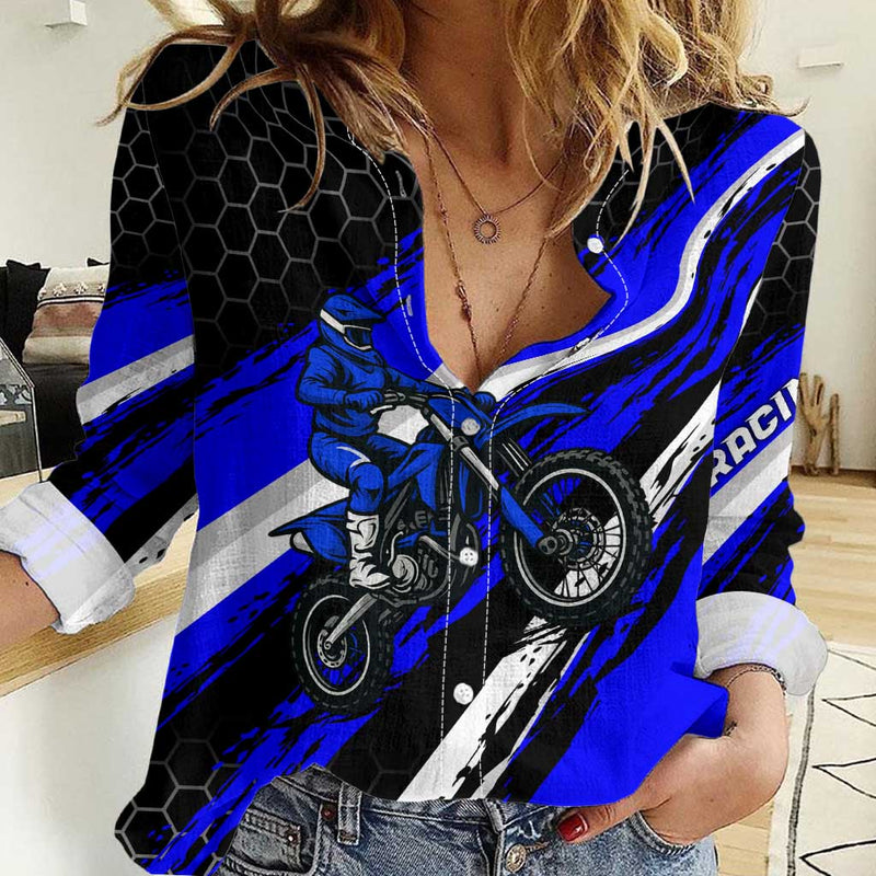 Custom Blue Motocross with Dirt Bike Rider Graphic Design on Honeycomb Pattern Women Casual Shirt