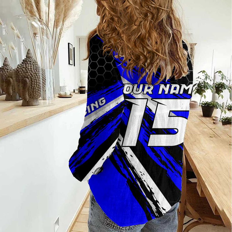 Custom Blue Motocross with Dirt Bike Rider Graphic Design on Honeycomb Pattern Women Casual Shirt