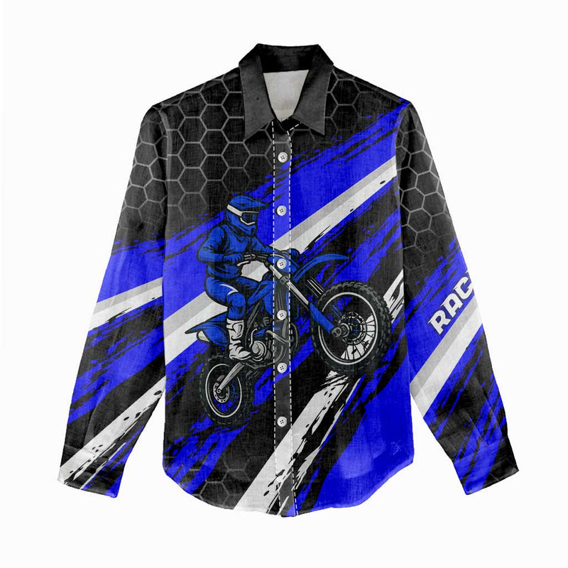 Custom Blue Motocross with Dirt Bike Rider Graphic Design on Honeycomb Pattern Women Casual Shirt