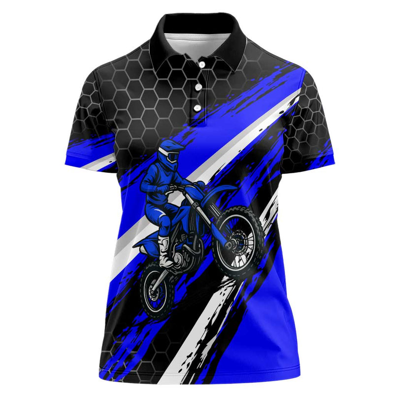 Custom Blue Motocross with Dirt Bike Rider Graphic Design on Honeycomb Pattern Women Polo Shirt