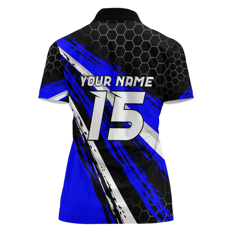 Custom Blue Motocross with Dirt Bike Rider Graphic Design on Honeycomb Pattern Women Polo Shirt