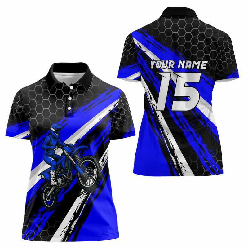 Custom Blue Motocross with Dirt Bike Rider Graphic Design on Honeycomb Pattern Women Polo Shirt