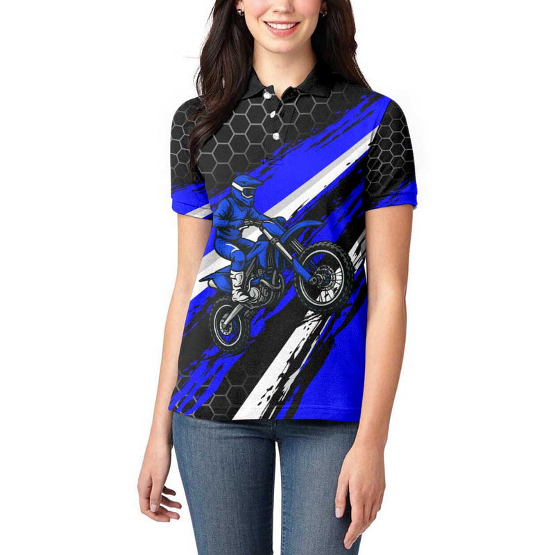 Custom Blue Motocross with Dirt Bike Rider Graphic Design on Honeycomb Pattern Women Polo Shirt