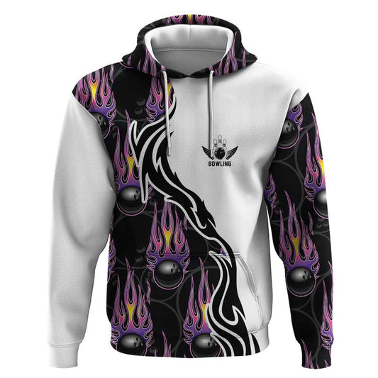 Custom Bowling Team Graphic with Flaming Ball Design in Black White and Purple Flame Pattern Hoodie
