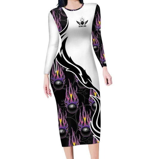 Custom Bowling Team Graphic With Flaming Ball Design In Black White And Purple Flame Pattern Long Sleeve Bodycon Dress