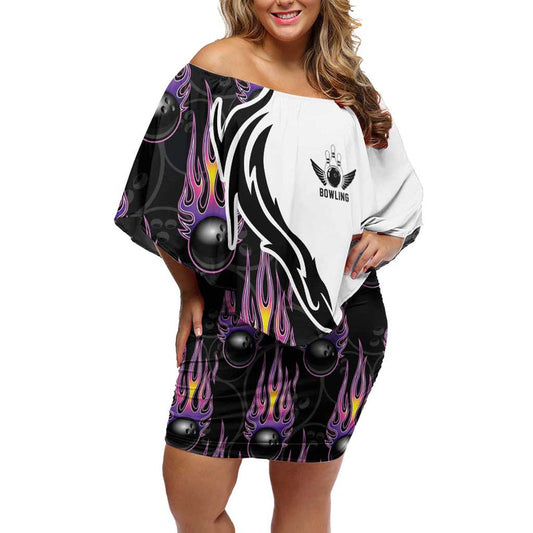 Custom Bowling Team Graphic With Flaming Ball Design In Black White And Purple Flame Pattern Off Shoulder Short Dress