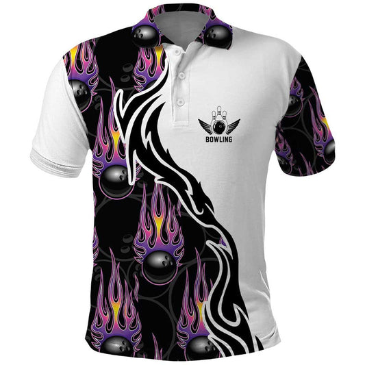 Custom Bowling Team Graphic with Flaming Ball Design in Black White and Purple Flame Pattern Polo Shirt