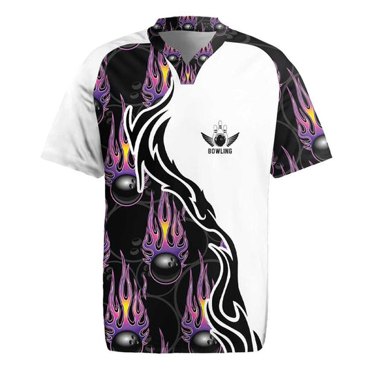 Custom Bowling Team Graphic With Flaming Ball Design In Black White And Purple Flame Pattern Rugby Jersey