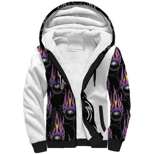 Custom Bowling Team Graphic with Flaming Ball Design in Black White and Purple Flame Pattern Sherpa Hoodie