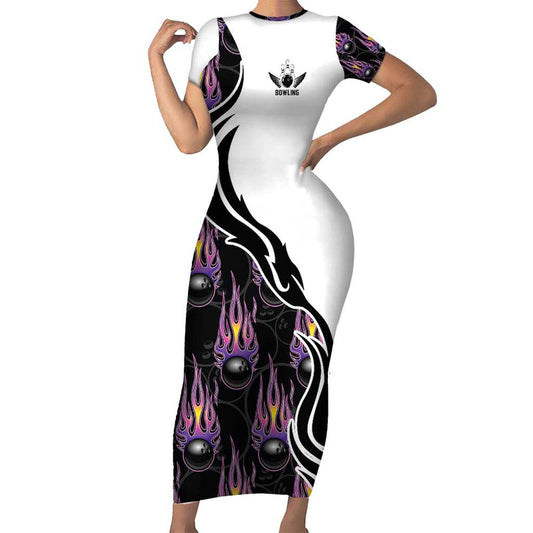 Custom Bowling Team Graphic With Flaming Ball Design In Black White And Purple Flame Pattern Short Sleeve Bodycon Dress