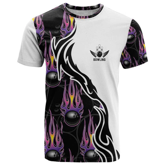Custom Bowling Team Graphic with Flaming Ball Design in Black White and Purple Flame Pattern T Shirt