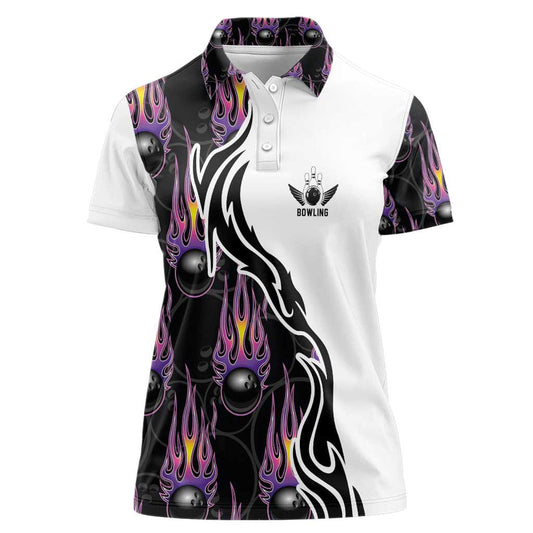 Custom Bowling Team Graphic with Flaming Ball Design in Black White and Purple Flame Pattern Women Polo Shirt