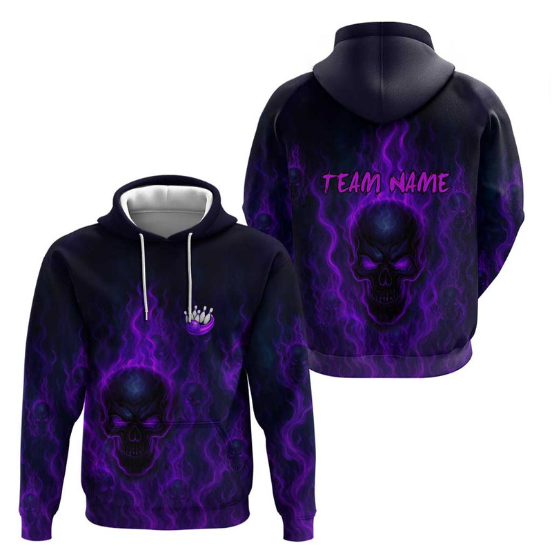Custom Bowling Purple Flame Skull Custom Team Name on Dark Background Hoodie
