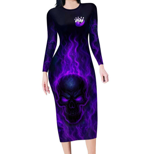 Custom Bowling Purple Flame Skull Custom Team Name On Dark Background Long Sleeve Bodycon Dress
