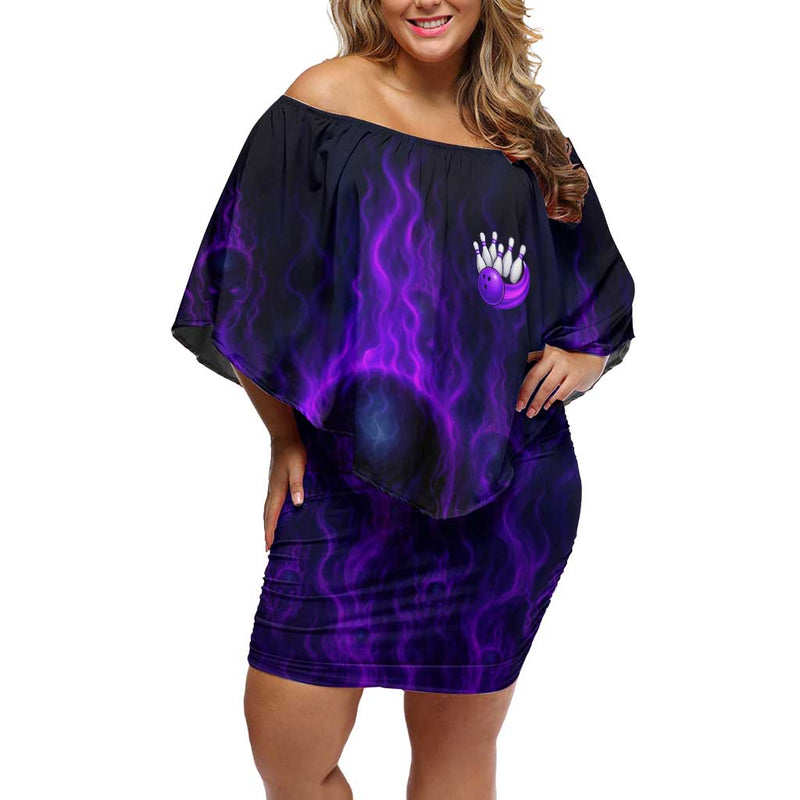 Custom Bowling Purple Flame Skull Custom Team Name On Dark Background Off Shoulder Short Dress
