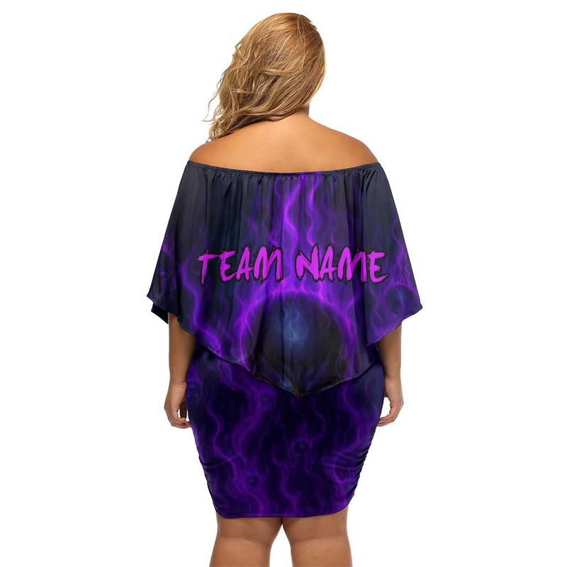 Custom Bowling Purple Flame Skull Custom Team Name On Dark Background Off Shoulder Short Dress