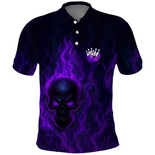 Custom Bowling Purple Flame Skull Custom Team Name on Dark Background Polo Shirt
