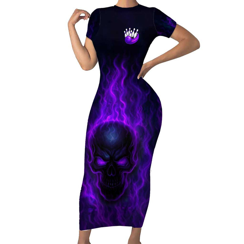 Custom Bowling Purple Flame Skull Custom Team Name On Dark Background Short Sleeve Bodycon Dress