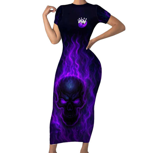 Custom Bowling Purple Flame Skull Custom Team Name On Dark Background Short Sleeve Bodycon Dress