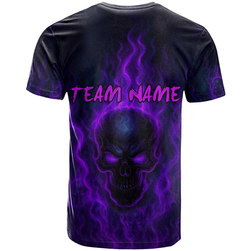 Custom Bowling Purple Flame Skull Custom Team Name on Dark Background T Shirt