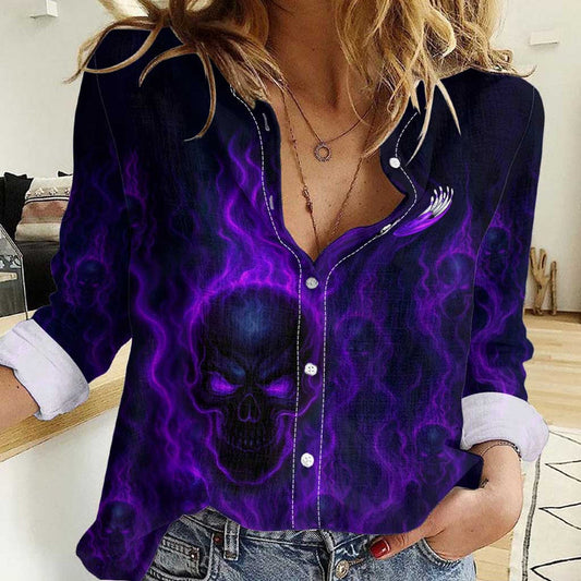 Custom Bowling Purple Flame Skull Custom Team Name on Dark Background Women Casual Shirt