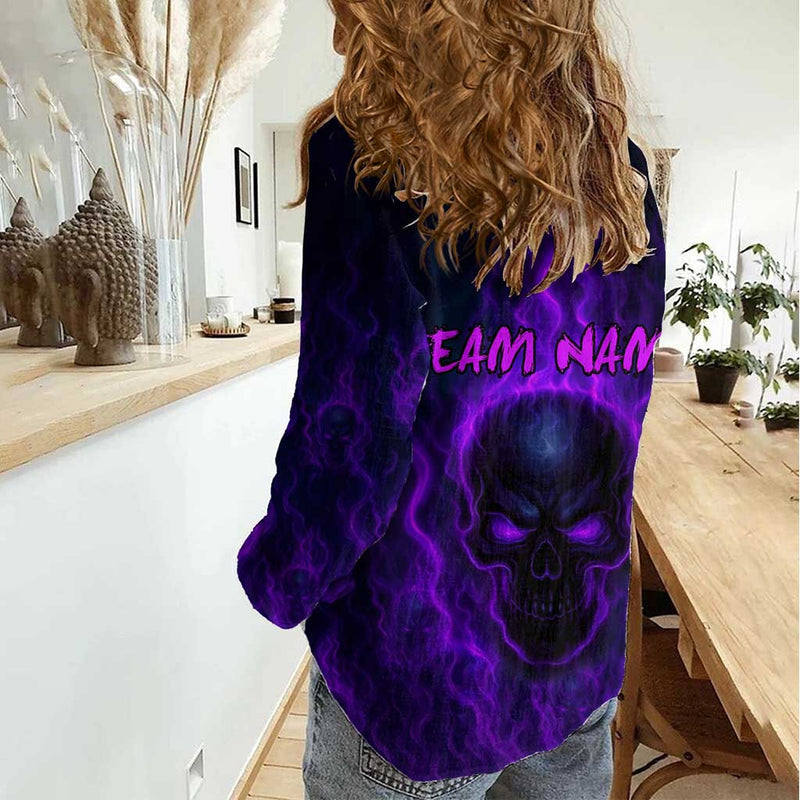Custom Bowling Purple Flame Skull Custom Team Name on Dark Background Women Casual Shirt