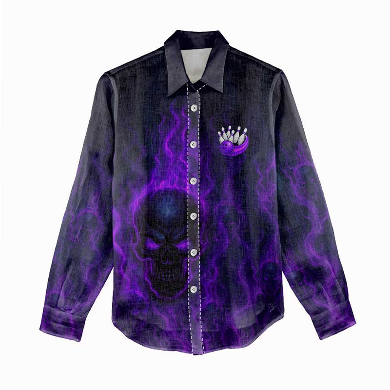 Custom Bowling Purple Flame Skull Custom Team Name on Dark Background Women Casual Shirt