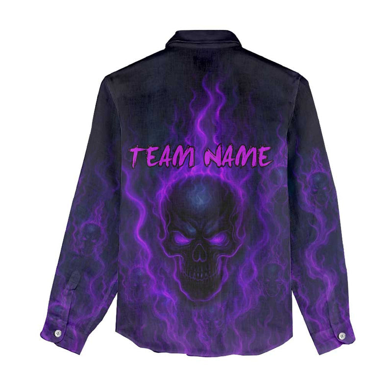 Custom Bowling Purple Flame Skull Custom Team Name on Dark Background Women Casual Shirt