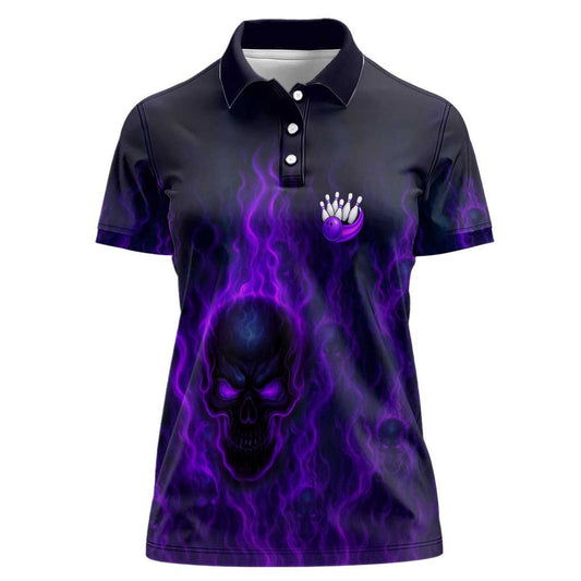 Custom Bowling Purple Flame Skull Custom Team Name on Dark Background Women Polo Shirt