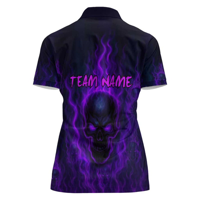Custom Bowling Purple Flame Skull Custom Team Name on Dark Background Women Polo Shirt