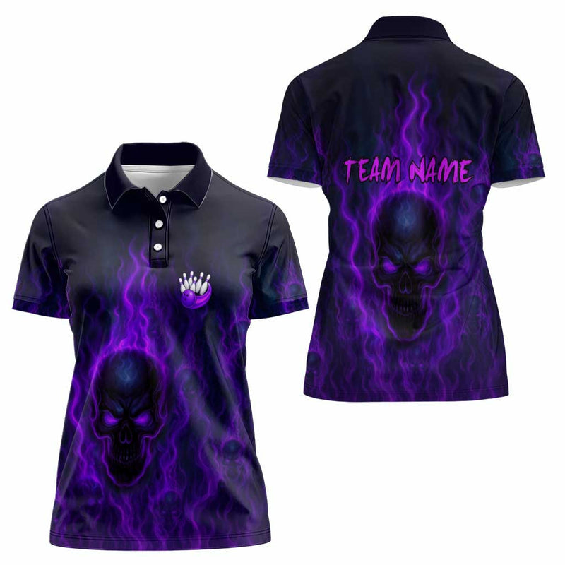 Custom Bowling Purple Flame Skull Custom Team Name on Dark Background Women Polo Shirt