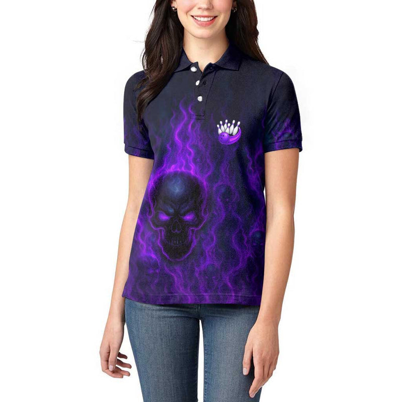 Custom Bowling Purple Flame Skull Custom Team Name on Dark Background Women Polo Shirt