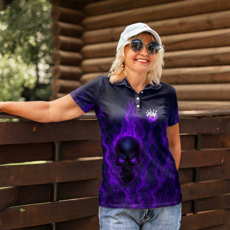 Custom Bowling Purple Flame Skull Custom Team Name on Dark Background Women Polo Shirt