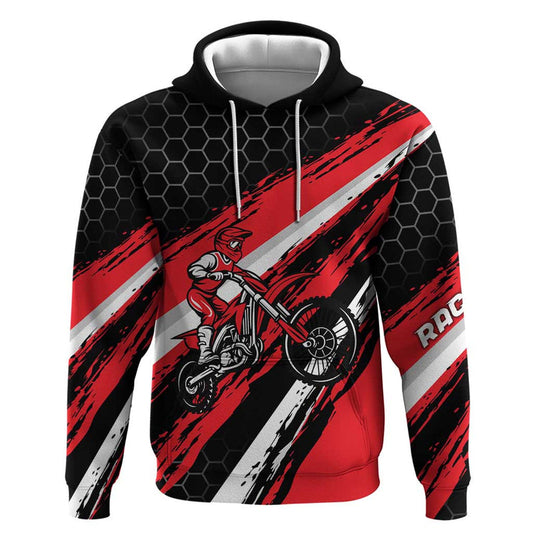 Custom Dirt Bike Motocross Rider Red Black Hex Pattern and Racing Number Hoodie